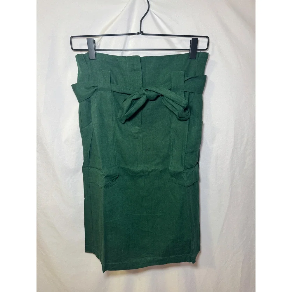 Green Linen Pencil Skirt S High Waist Belted Preppy Dark Academia Tulip B NWT